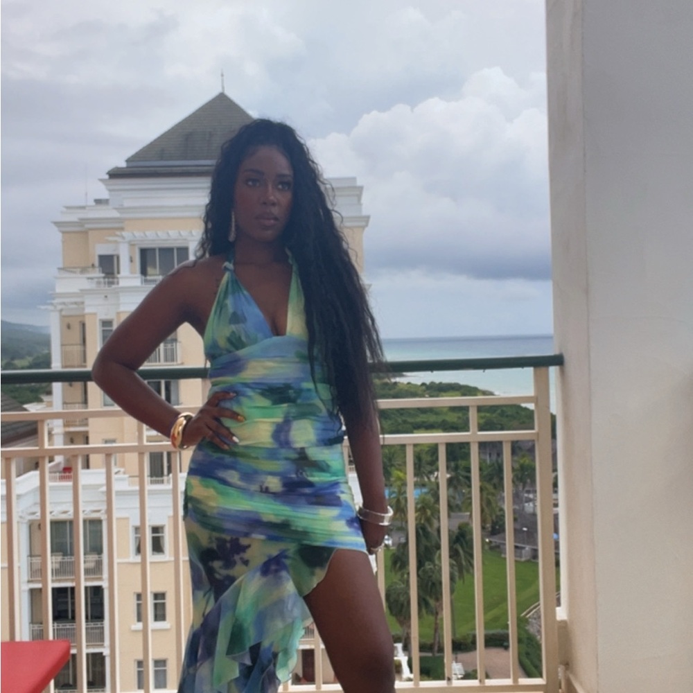 Mango Blue Green Asymmetrical Halter Sundress